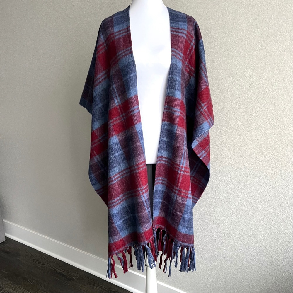 Vtg Specialty House Plaid Fringe Shawl Wrap Poncho Cape Red Blue  Oversized Soft